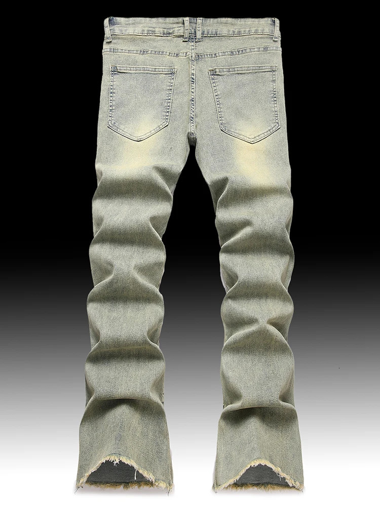 Mens American Hip-Hop High Street Ripped Raw Edge Contrast Stitching Loose Straight Flared Jeans Trendy Streetwear 250517