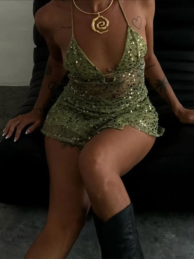 Sexy Sequined Top Skirt Set Women V-neck Sleeveless Tops Lace Up Mini Skirts Female Sets Summer Vacation Beach Lady Suits 250516