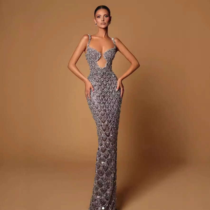 Maxi Dress Sexy V Neck See Through Fan Shaped Sequin Embroidered Suspender Dress Fashionable And Elegant Socialite Party Dinner Gift Formai Dress