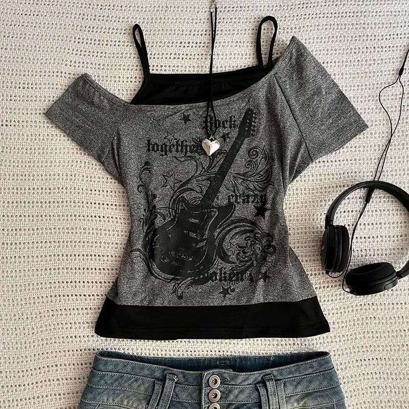 Y2k Slim Fit Print Tops Women Off Shoulder Short Sleeve Tee Shirt Neploe American Vintage Two Piece Halter Lace Up T-shirts 250517