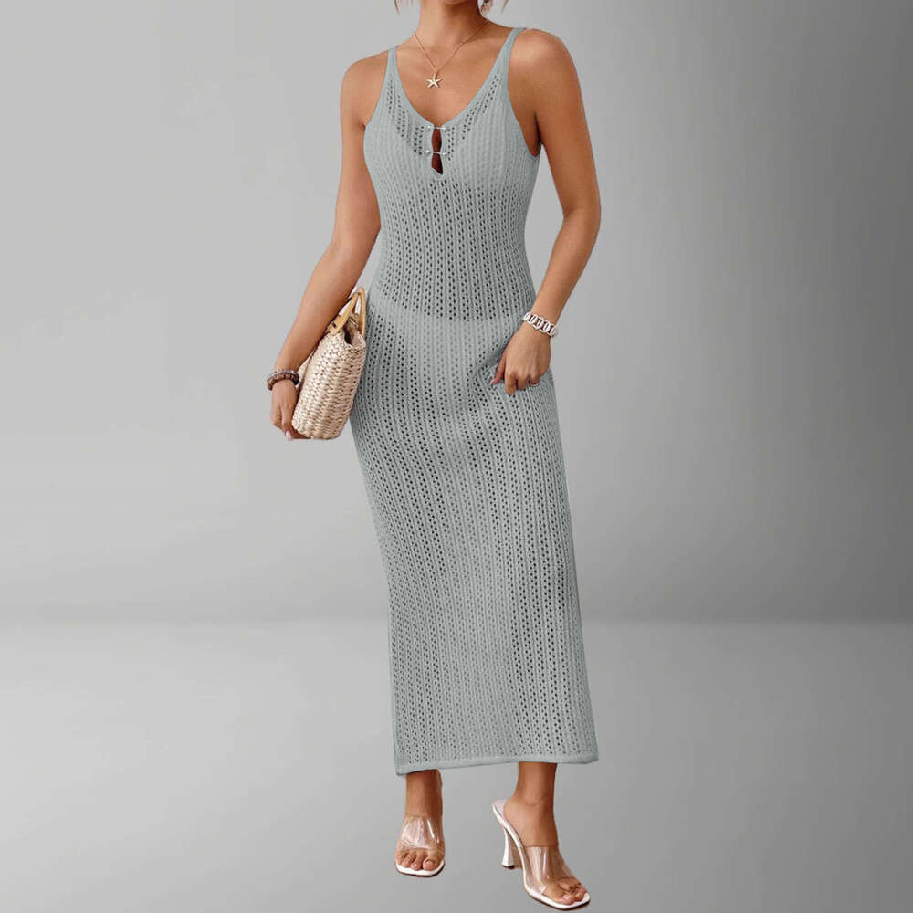 Maxi Dress New Hollow Texture V Neck Sleeveless Vacation Dress Beach Sun Protection Backless Long Dress KQ