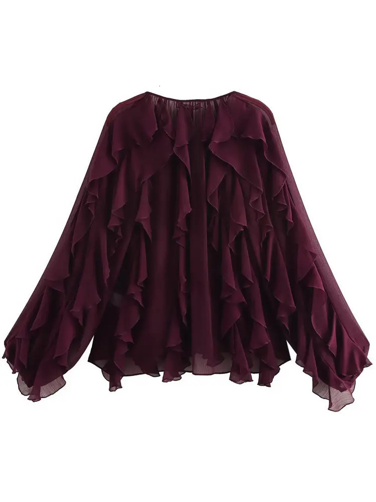 2025 Summer Chic Womens Elegant Loose Long Sleeve Layered Shirts Office Lady Vintage V-neck Translucent Tierred Ruffles Blouses 250517
