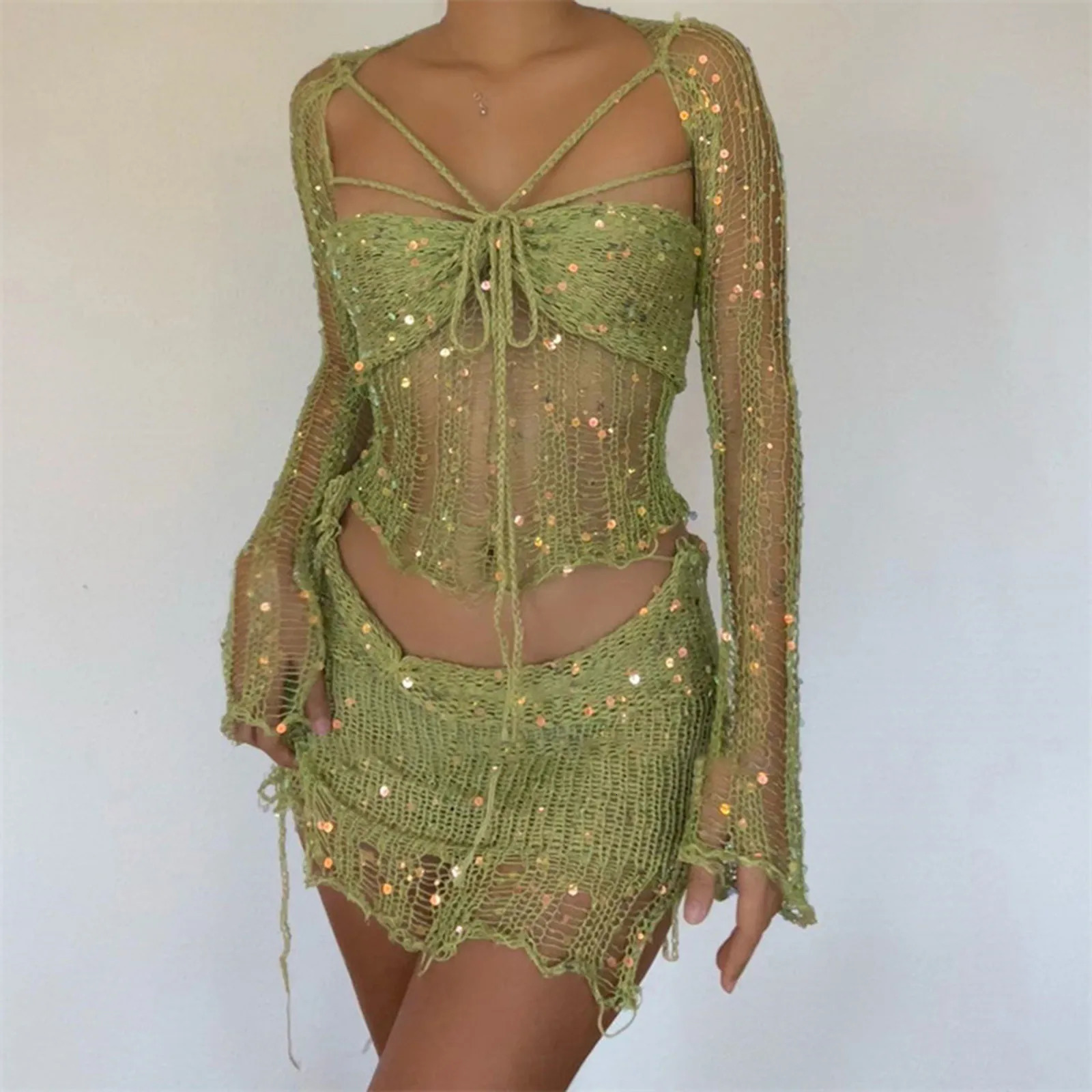 Sexy Crochet Knitted Sequins Dress 2 Piece Skirt Sets Elegant Knit Crop Tops Mini Skirts Hollow Out Two Piece Set Women Outfits 250516