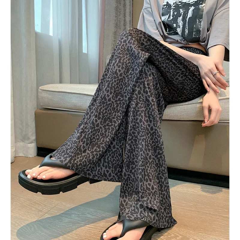 Ice Silk Wide Leg Pants for Women High Waist Summer Straight Pant Full-length Cool Leopard Print Loose Casual Womens Long Pants 250517