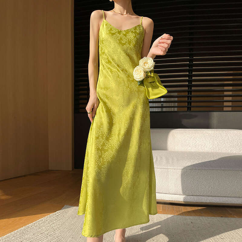Maxi Dress New Acetic Acid Satin Suspender Dress Women Wearing V Neck Silk Print For A Slimming And Sexy Long Skirt Formai Dress