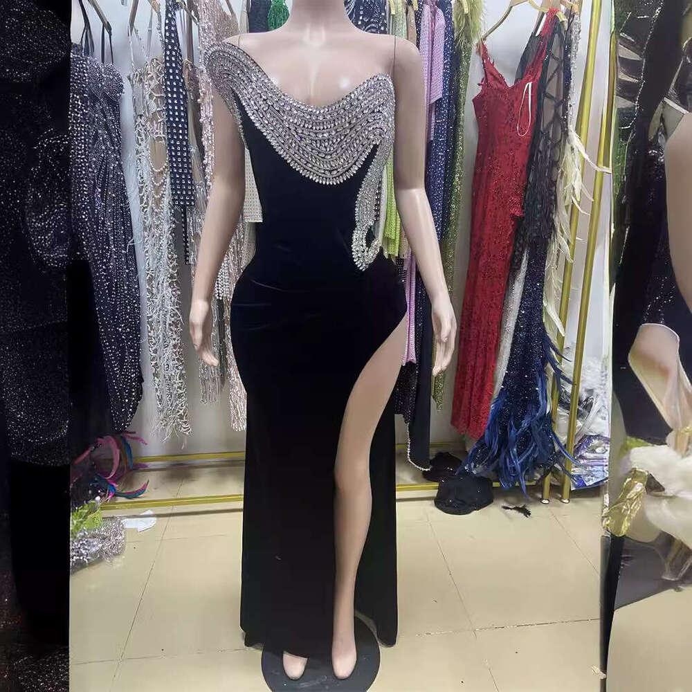 Maxi Dress Diamond Shaped Design High Slit Single Shoulder Sleeveless Black Dress Socialite Dinner Red Carpet Dress KQ