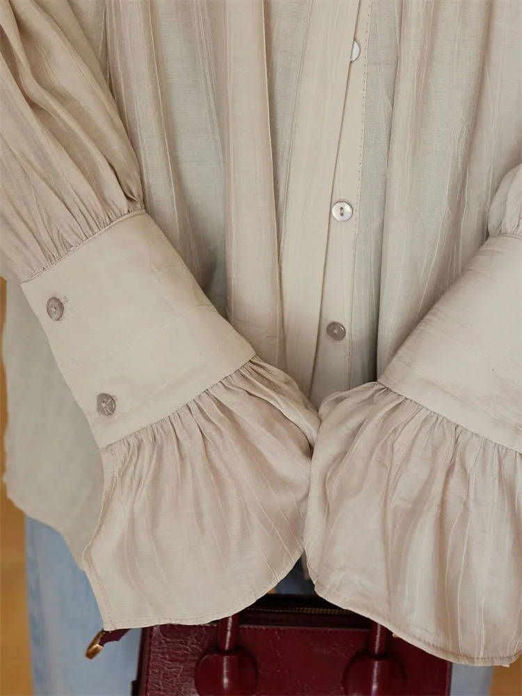 Tossy Summer Ruffled Loose Shirts Cardigan For Women Lapel Long Sleeve Casual Solid SeeThrough Blouse Female Pleated 250516Z