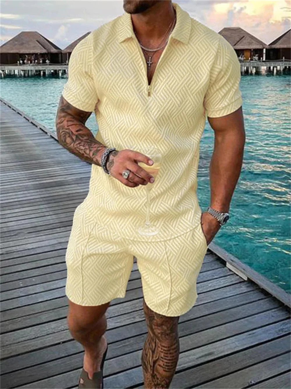 Summer Mens Sportswear Cotton Solid Color Short Sleeve Zip Polo Shirt and Shorts Set Mens Casual Streetwear 2-Pie 250517