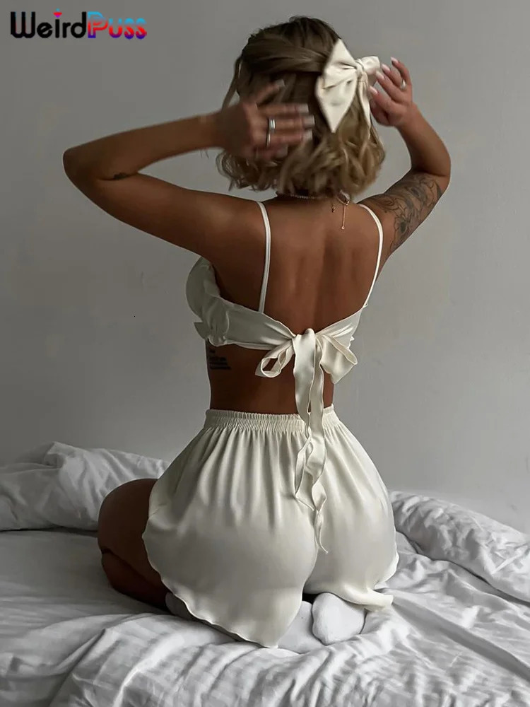 Weird Puss Silky Elegant Women 2 Piece Set Casual Sleeveless Ruffles CamisoleButton Shorts Matching Streetwear Casual Outfits 250517