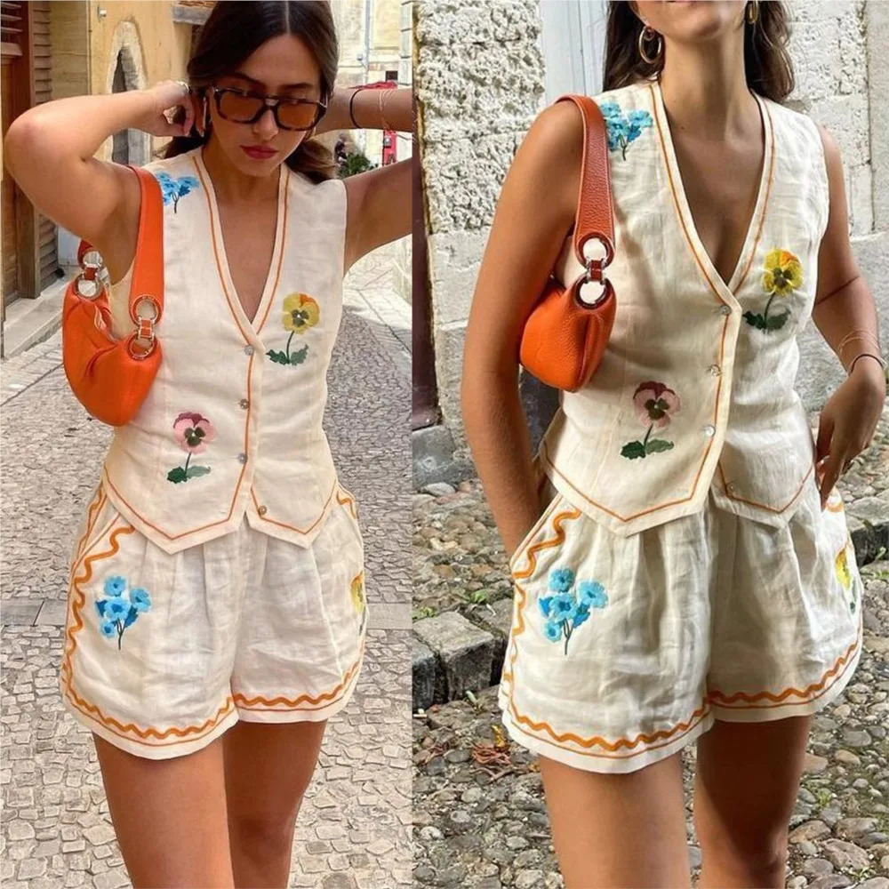 Fashionvintage Print Tank Suit For Womens Summer INS Casual Loose Holiday Shorts Sleeveless Slim Fit Female 2 Piece Set 250517