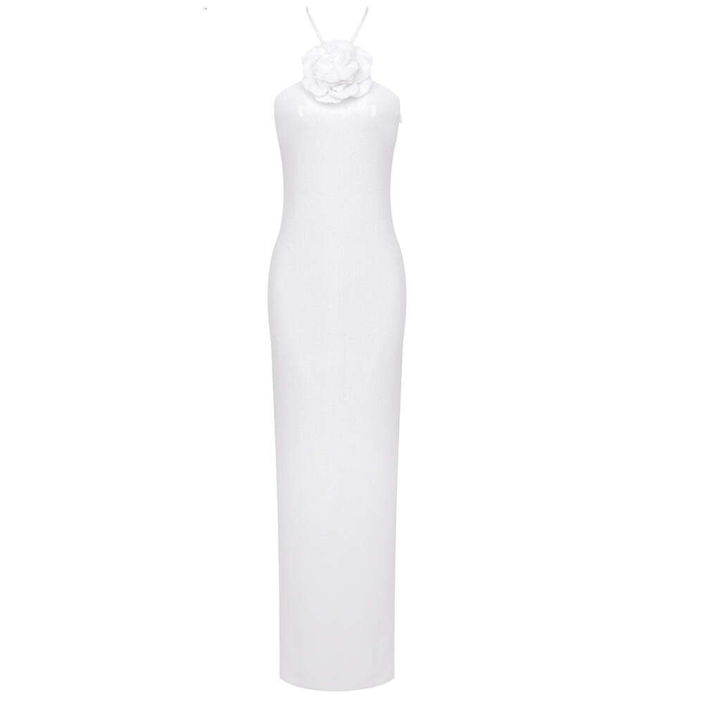 Maxi Dress Summer Evening Gown Fashionable Hanging Neck Apricot White Sequin Dress Elegant Slim Fit Sexy Women S Clothing KQ