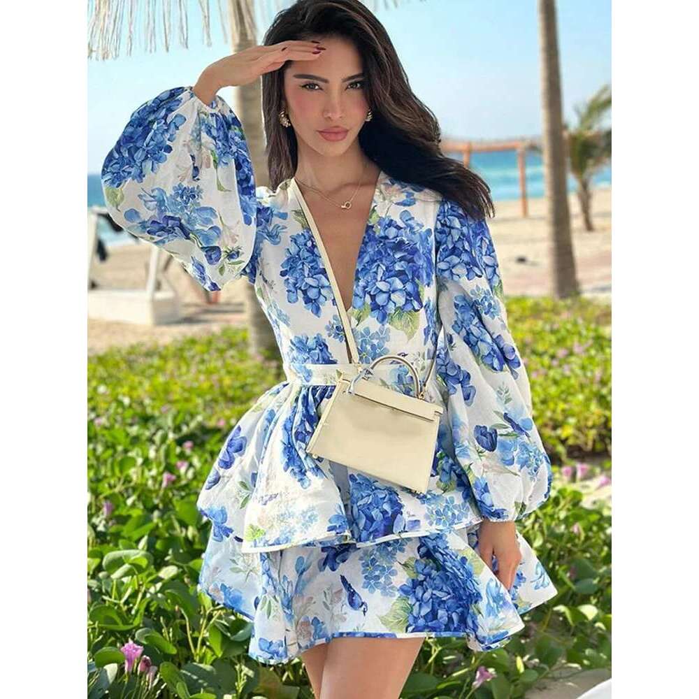 Women Elegant Printing Mini Dress Chic Half Sleeve Ruffled Retract High Waist Loose Short Dresses Casual Streetwear