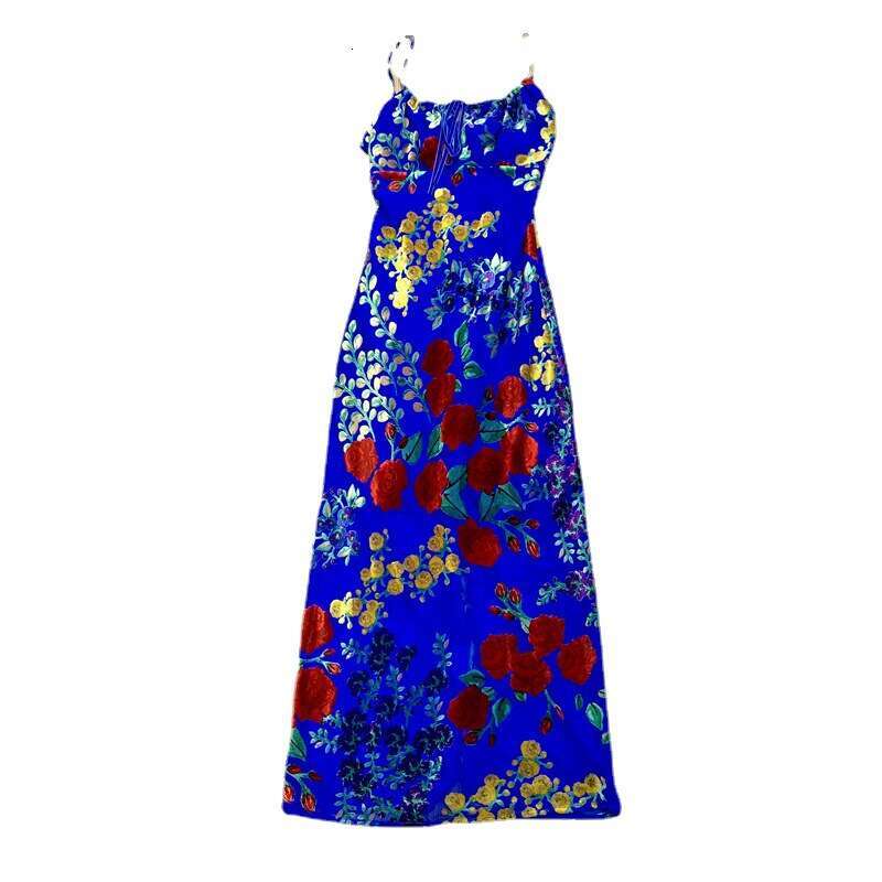 Fatal Woman Blue Velvet Burnt Flower Spicy Girl Hollow Back Slim Hanging Strap Dress
