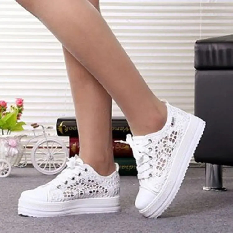Women Shoes Fashion Summer Casual White Shoes Cutouts Lace Canvas Hollow Breathable Platform Flat Shoes Woman Sneakers 250610