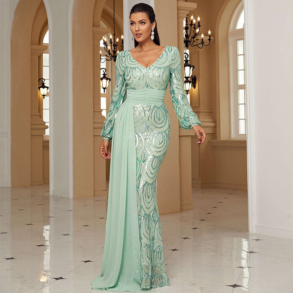 Maxi Dress Temperament Sleeved Sexy Long Sequin V Neck Party Ribbon Evening Bridesmaid Women S Dress KQ