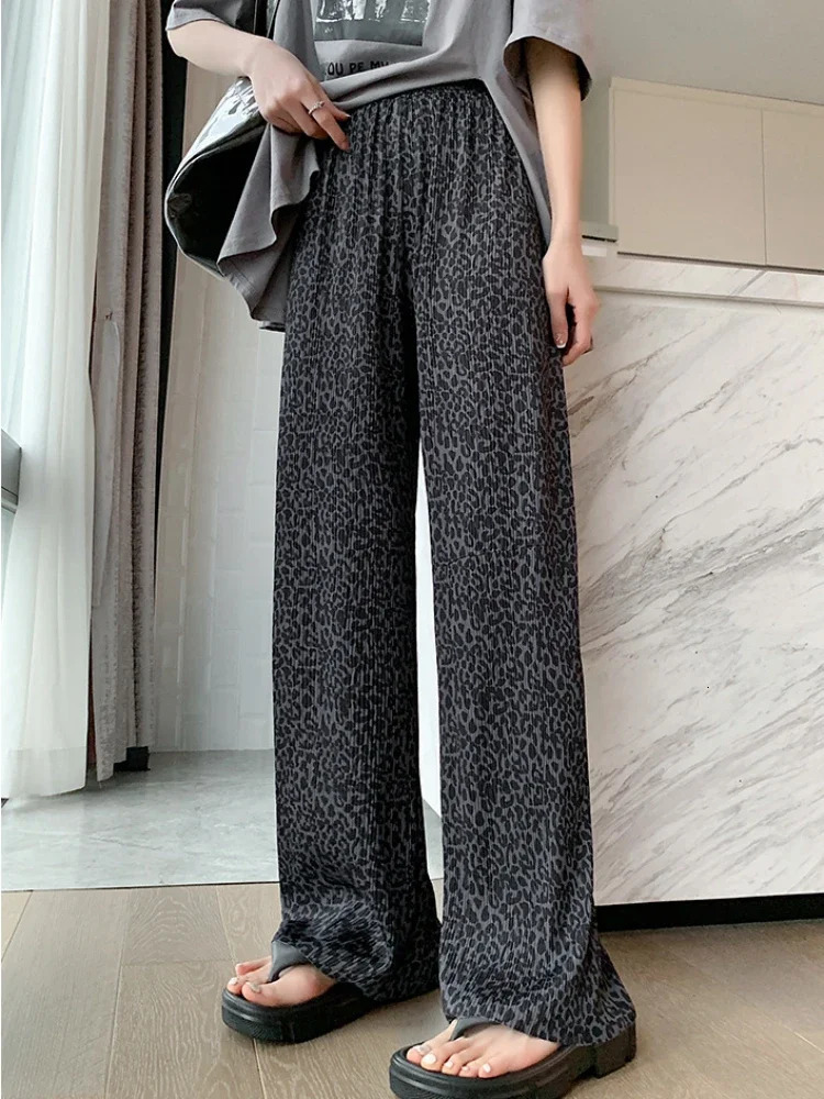 Ice Silk Wide Leg Pants for Women High Waist Summer Straight Pant Full-length Cool Leopard Print Loose Casual Womens Long Pants 250517