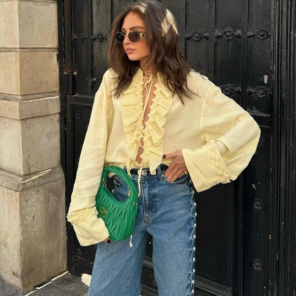 Talenza Casual Chiffon Shirt Women Fashion Pleated Laceup Solid Lace Top Summer Vacation Loose Vintage Elegant Female Blouses 250516Z