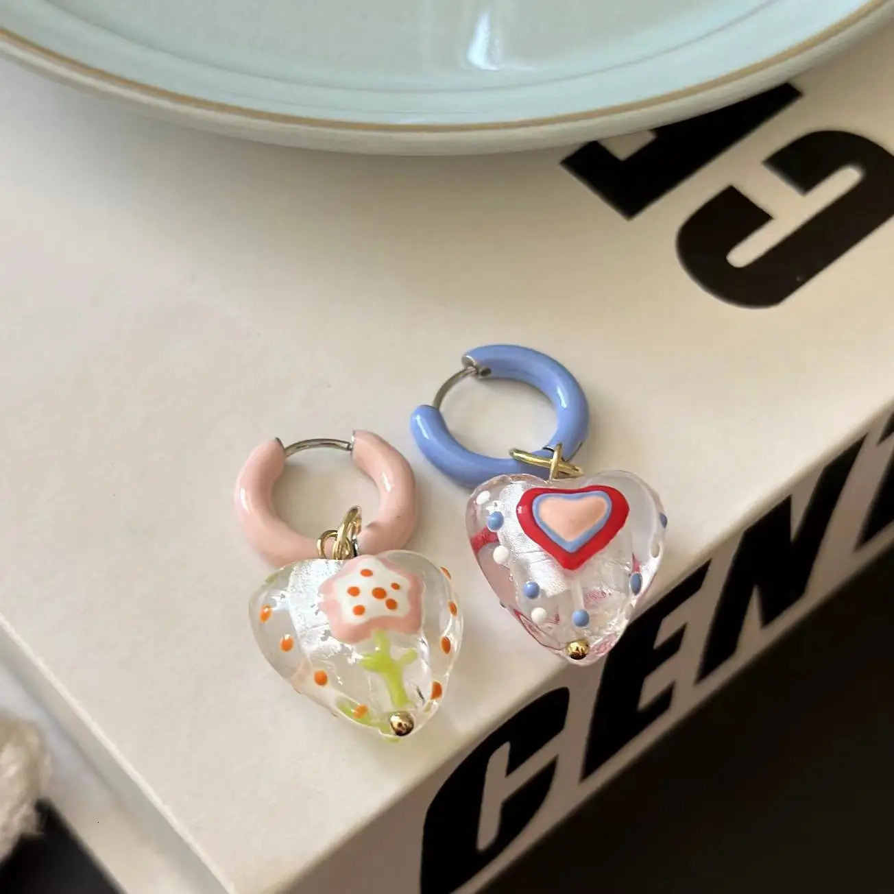 Colorful Asymmetrical Enamel Flowers Heart Shape Drop Earrings for Women Girls Cute Handmade Hoop Earrings Holiday Jewelry Gifts 250517