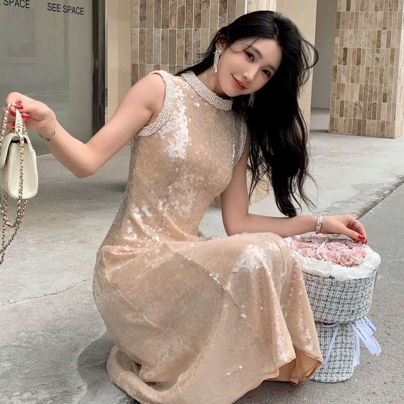 Maxi Dress Wealthy Heiress Champagne Colored Sequin Embroidered Handmade Nail Bead Long Dress Evening Gown Spring New Product KQ