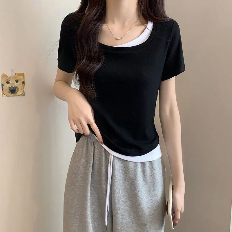 Slim T-shirt for Women for Womens Short-sleeved Summer Two-piece Spliced shoulder Pure Desire Cotton Top 250517