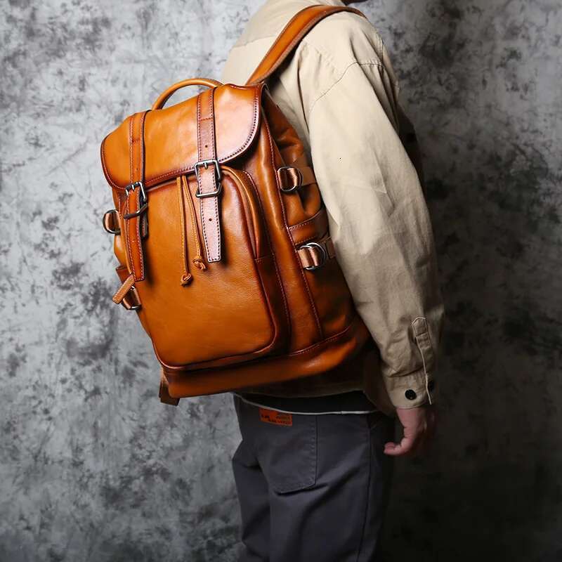 NZP Retro Leather Men's Backpack European And American Fashion Travel Top Layer Cowhide Casual School Laptop Bag