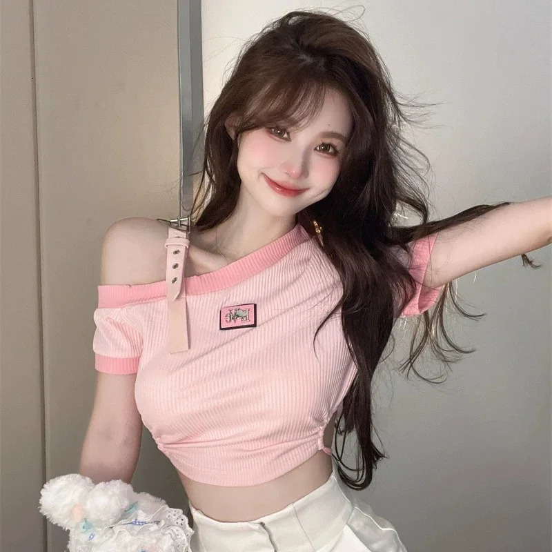 Women Off Shoulder Party Graphic Clothes Lady er Crop Short Sleeved T-shirts Female Sweet Spicy Style Pink Tie Up Tops 250517