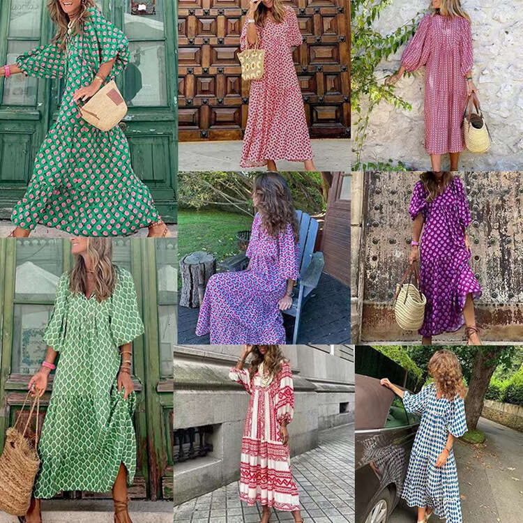 Maxi Dress Autumn New Hot Selling Geometric Print Bubble Sleeve Dress Explosive Street Large Women S Wear Formai Dress
