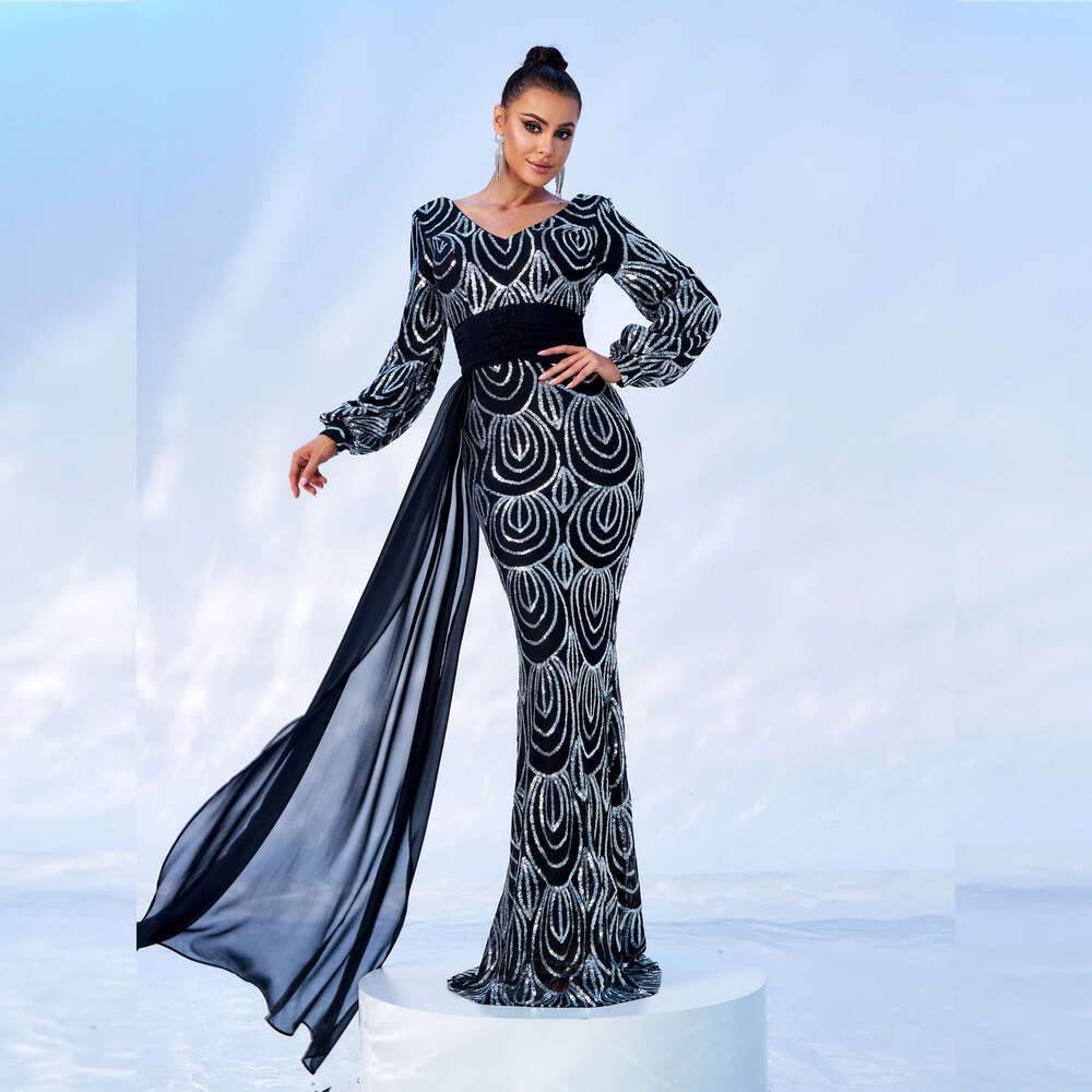 Maxi Dress Temperament Sleeved Sexy Long Sequin V Neck Party Ribbon Evening Bridesmaid Women S Dress KQ