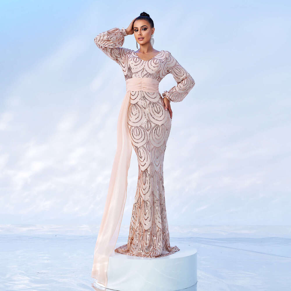 Maxi Dress Temperament Sleeved Sexy Long Sequin V Neck Party Ribbon Evening Bridesmaid Women S Dress KQ