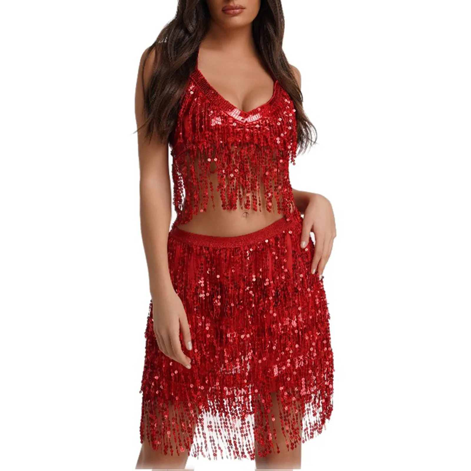 Sexy Sequins Draped Details Two Pieces Sets Y2k Fashion Shiny Women Halter Crop Top Tassel Mini Skirt Female Skirts Set 250516