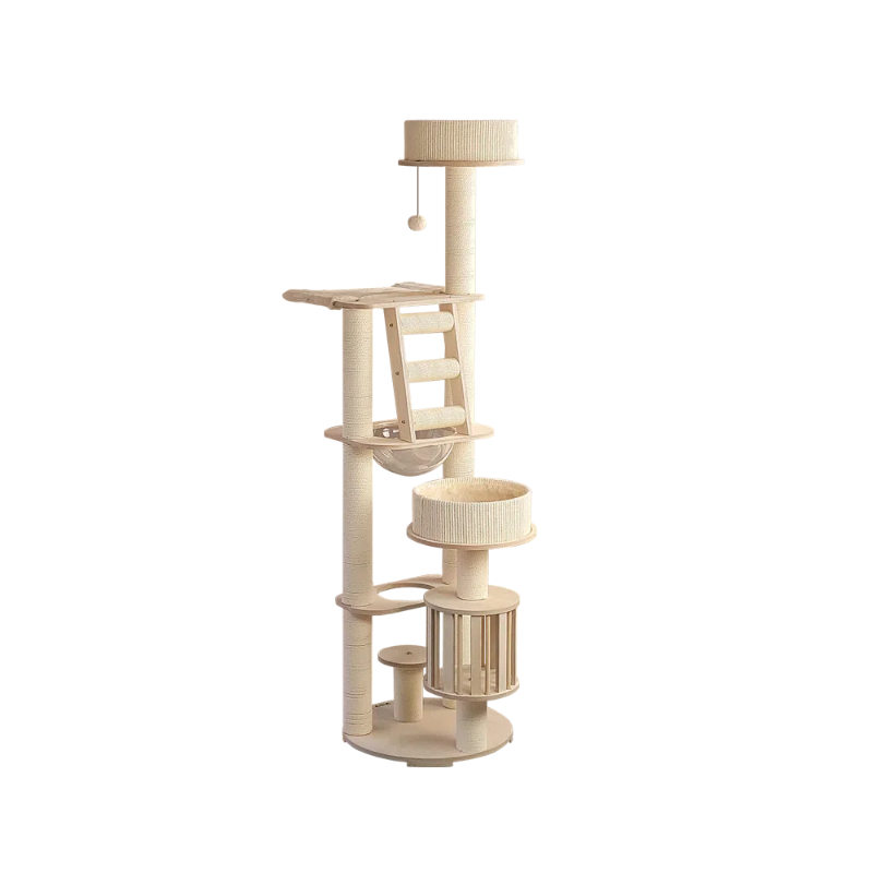 Cat Tree Eco-Friendly Solid Timber Multi-Level Large Cat Tree Tower Tall Perfect Playground, High 63.41 Inch, Beige