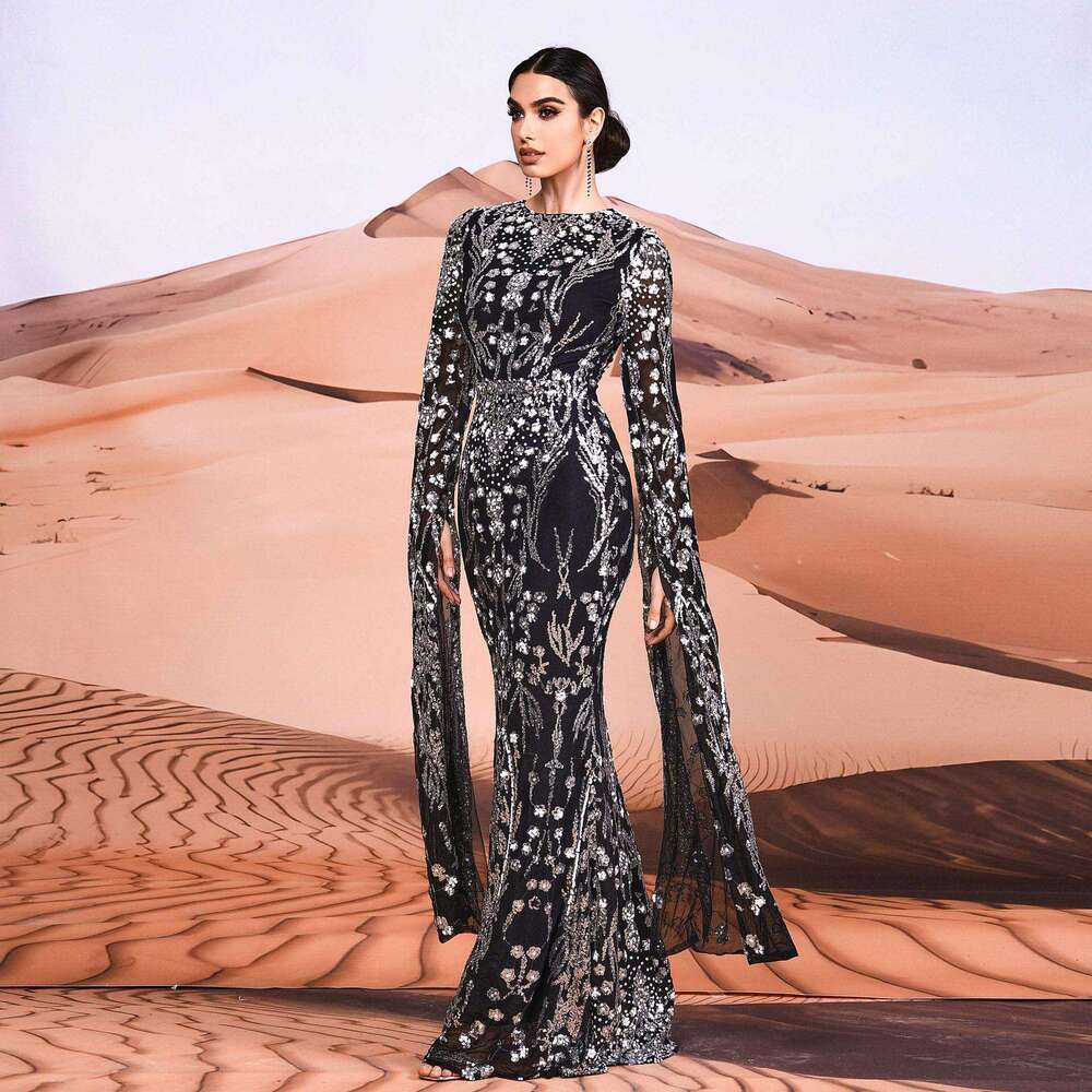 Maxi Dress Ultra Sleeves Elegant Round Neck Sexy Slim Fit Long Sequin Banquet Gown Bridesmaid Dress Dress KQ