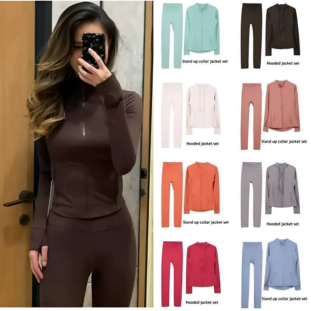 2pcs Womens Designer Yoga Set Gym Workout Clothes Leggings and Zip Up Jacket Activewear Sports Coat Quick Dry Fitness Outfit Running Training Set