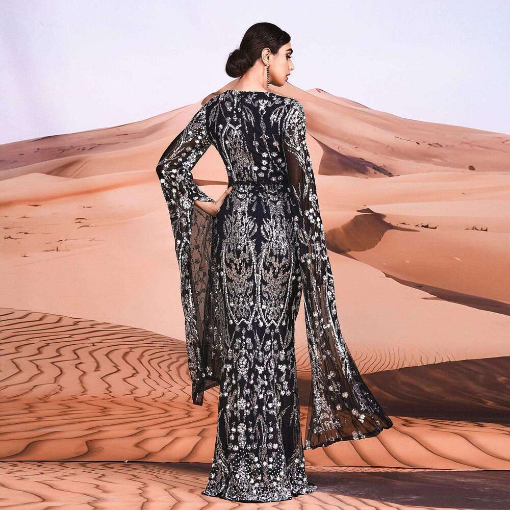 Maxi Dress Ultra Sleeves Elegant Round Neck Sexy Slim Fit Long Sequin Banquet Gown Bridesmaid Dress Dress KQ