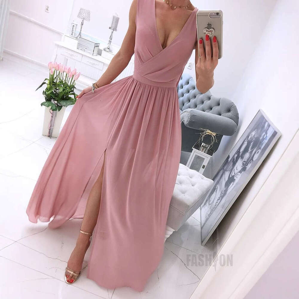 Maxi Dress Summer New Sleeveless Solid V Neck Dress Women S Wear KQ