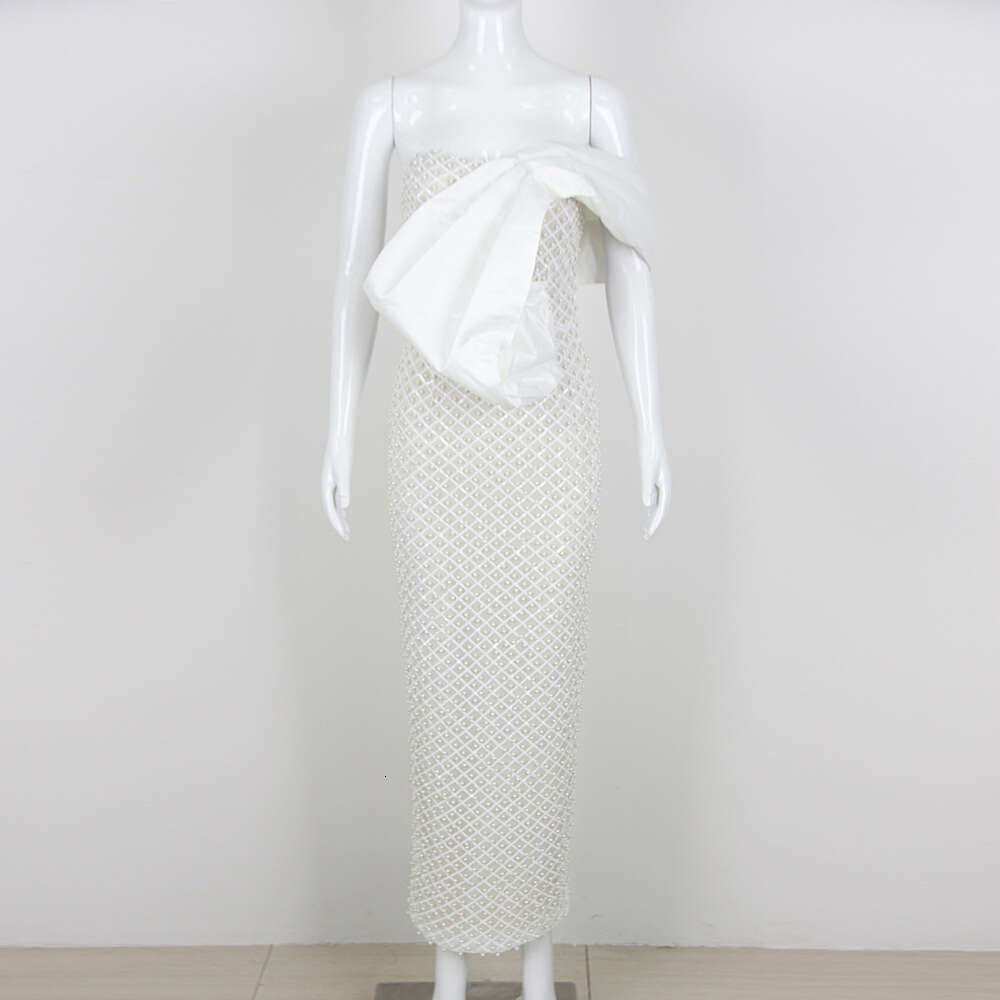 Maxi Dress Summer New Fashionable And Sexy Strapless Long Dress With Pearl Decoration Exuding A Socialite Style Formai Dress