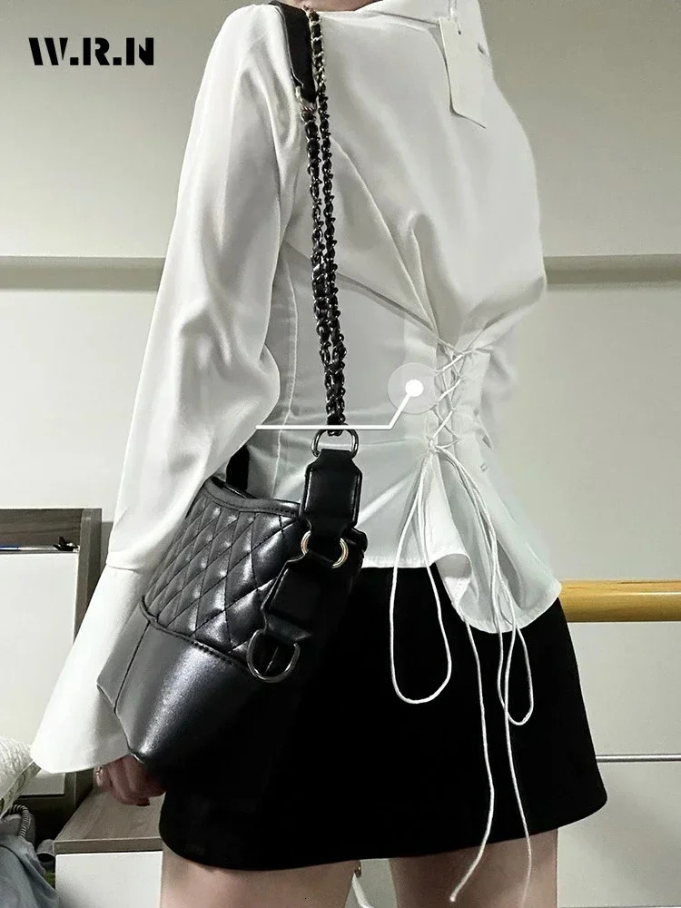 Women Sexy Solid Color Slim Chiffon Shirt Turndown Collar Flare Sleeve Tunic Bandage n Vintage Female Blouses Spring 2025 250516Z