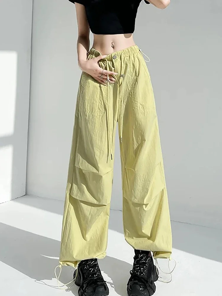 Womens Street Wear Elastic Waist Ice Silk QuickDrying Snug Sports StraightLeg Pants Summer Casual Loose WideLeg Cargo 250506