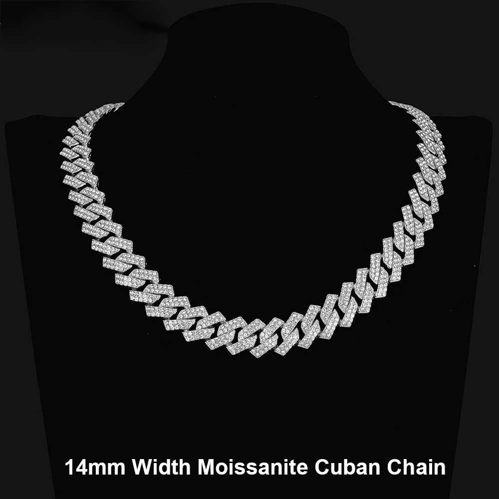 14mm D Color Full Moissanite Chain Necklace Bracelet for Men Women Sterling Sier Hiphop 2 Row Stone Cuban Jewelry