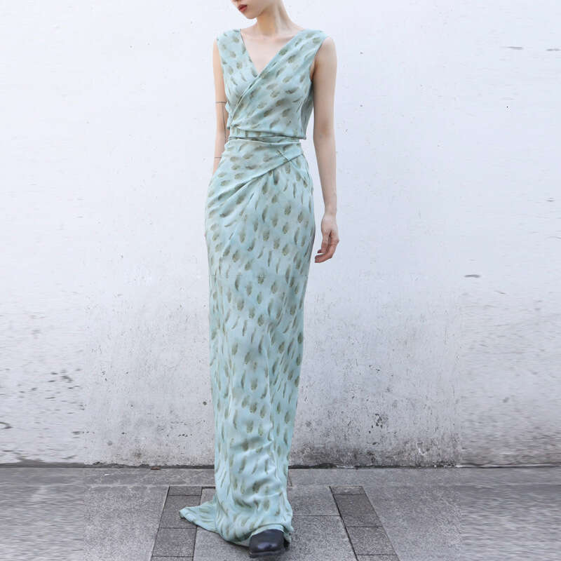 Maxi Dress Spanish Exotic Atmosphere Peacock Blue Printed Silk Wrapped Long Skirt With V Neck And High Height Lace Up Dress Formai Dress