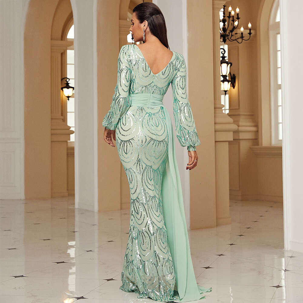 Maxi Dress Temperament Sleeved Sexy Long Sequin V Neck Party Ribbon Evening Bridesmaid Women S Dress KQ