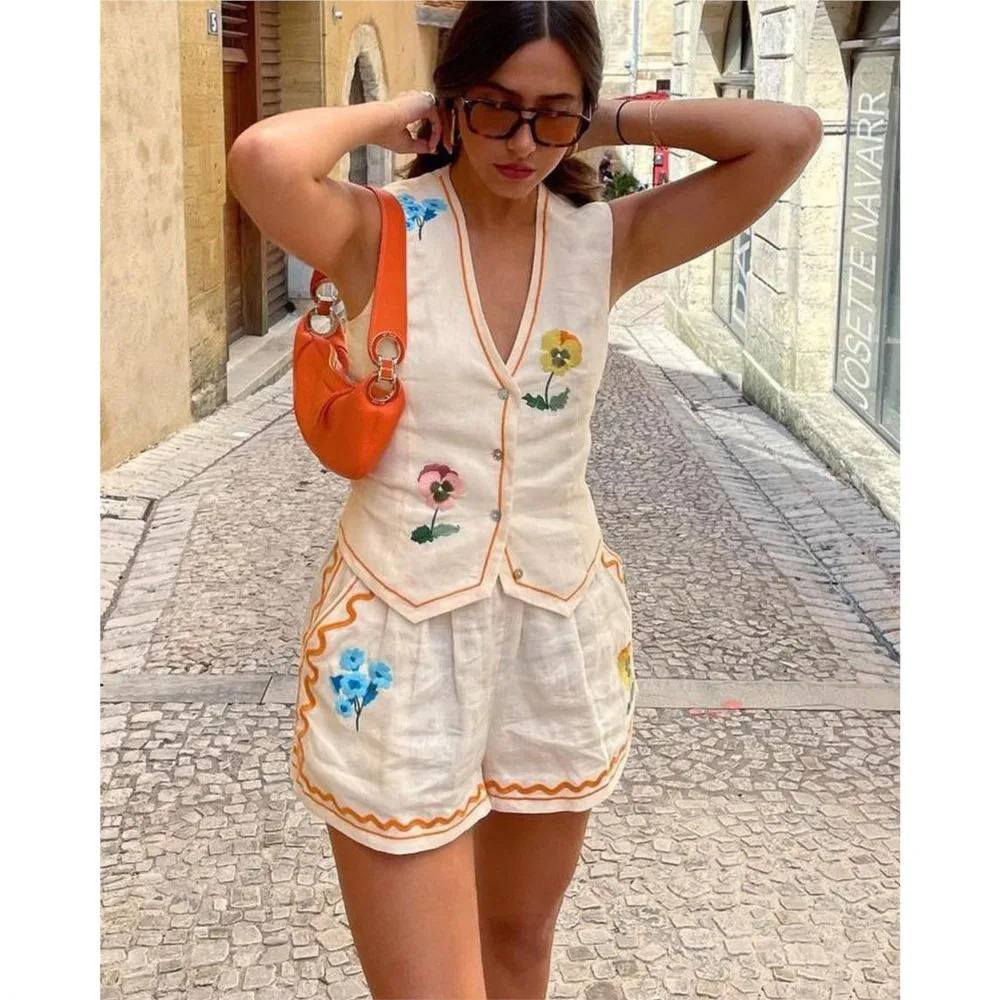 Fashionvintage Print Tank Suit For Womens Summer INS Casual Loose Holiday Shorts Sleeveless Slim Fit Female 2 Piece Set 250517
