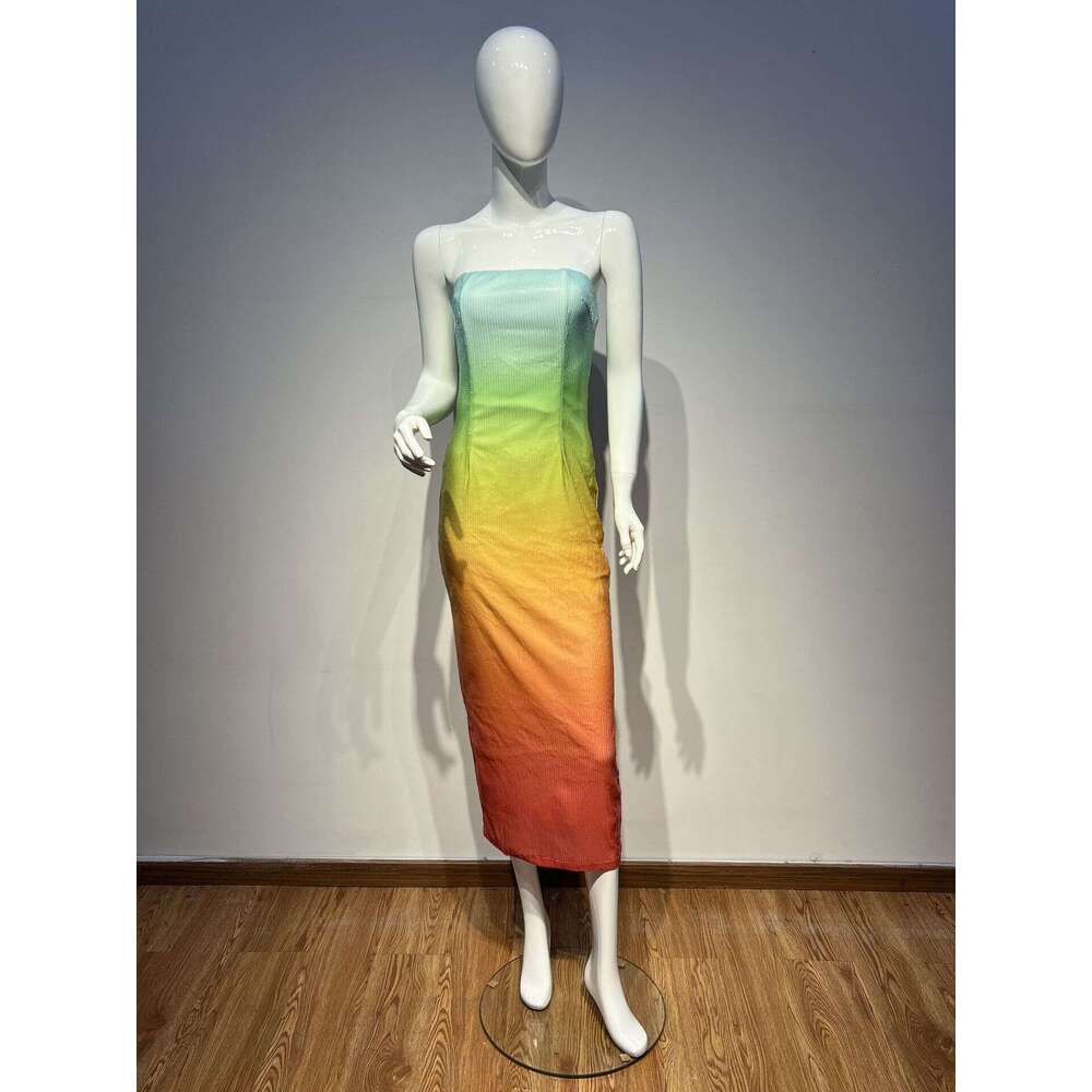 Maxi Dress New Strapless Rainbow Gradient Sequins Dating Travel Photography Graduation Season Socialite Evening Dress KQ