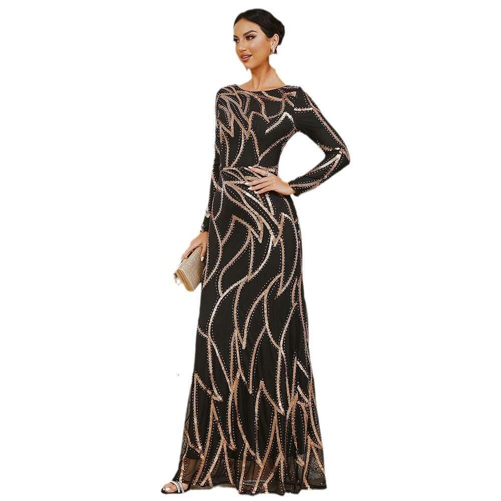 Maxi Dress High End Temperament Sleeved Round Neck Sexy Long Sequin Banquet Evening Bridesmaid Women S Dress KQ