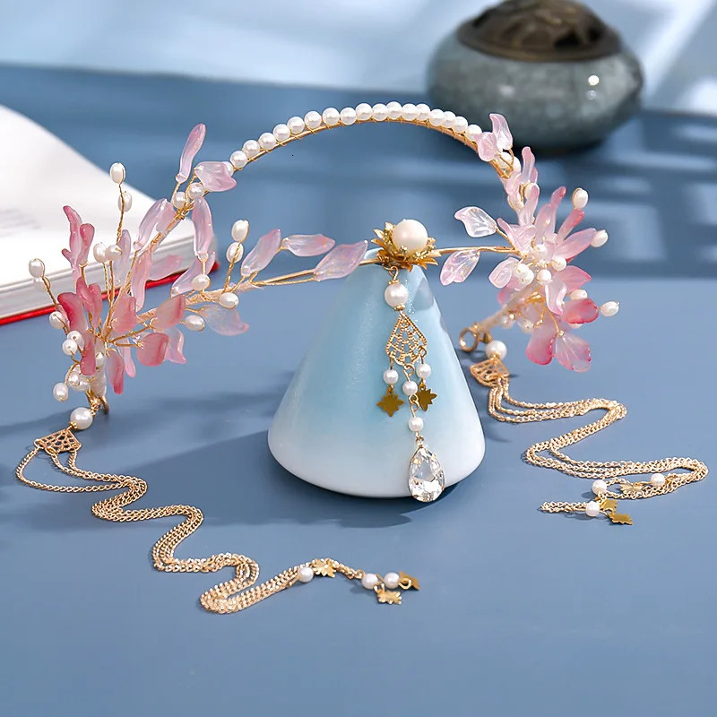 Long Tassel Headbands Hairband Simulated Pearl Leaf Tiaras and Crowns Hanfu Forehead Jewelry for Women Girls Hair Accessories 250517