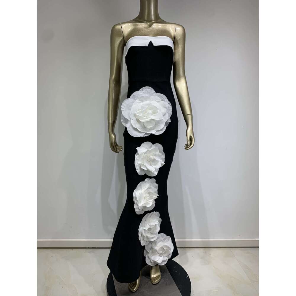 Maxi Dress New Bandage Strapless Black And White Patchwork Big Flower Long Party Skirt KQ
