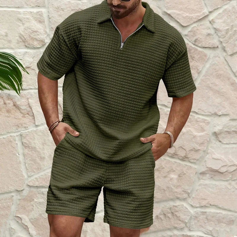 Summer Mens Fashion Casual Daily Solid Color Loose Waffle Suit Short Sleeve Shorts Suit Polo Shirt Men Casual 250517