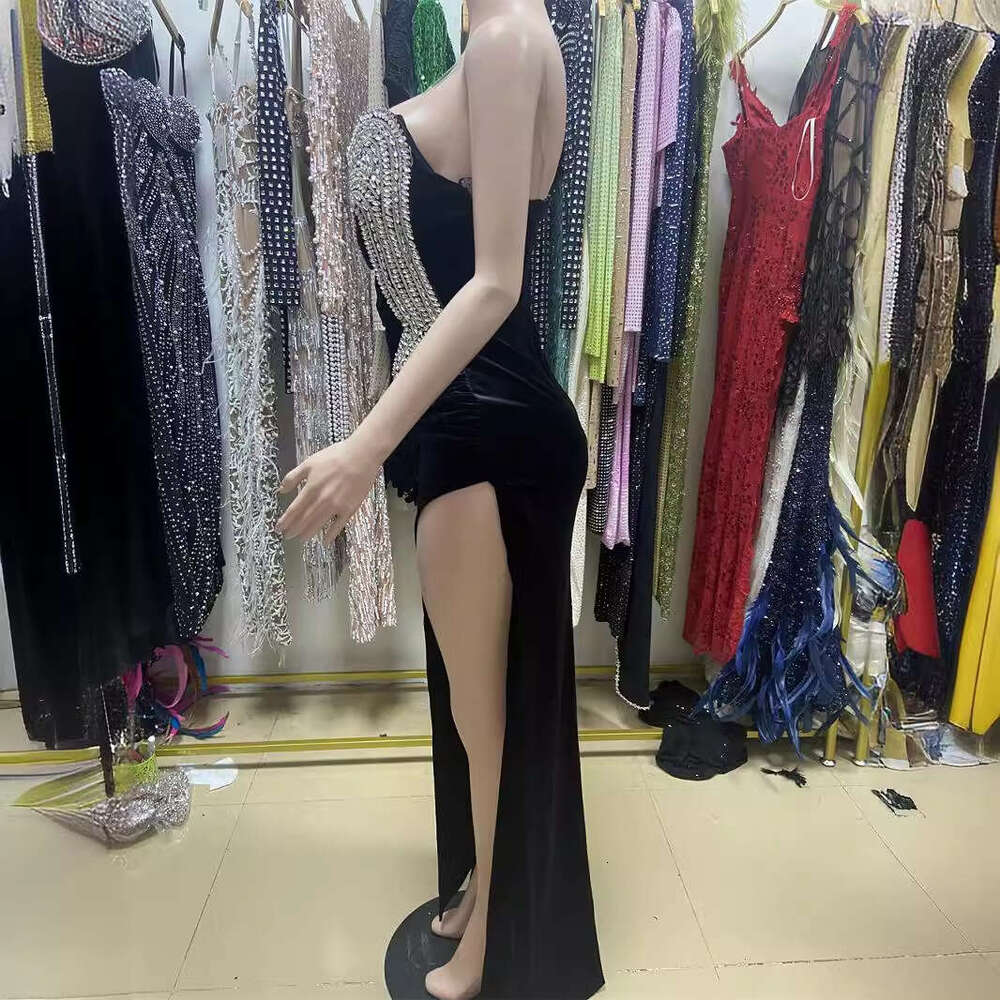 Maxi Dress Diamond Shaped Design High Slit Single Shoulder Sleeveless Black Dress Socialite Dinner Red Carpet Dress KQ