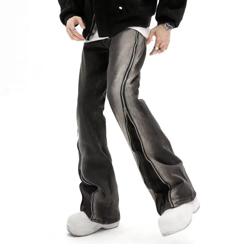 Y2K Streetwear Baggy Flare Men Jeans Pants Split Zipper Straight Vintage Washed Black Hip Hop Denim Trousers Pantalon Homme 250517