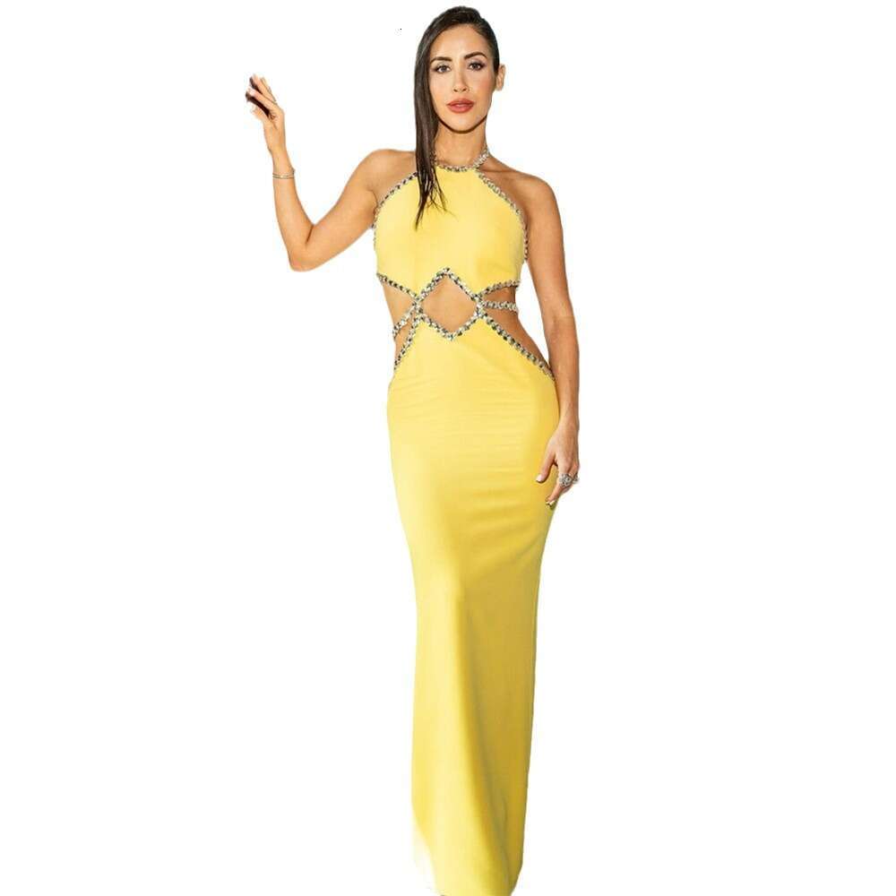 Maxi Dress New Lemon Yellow Bandage Fashionable High End Banquet Party Dress KQ